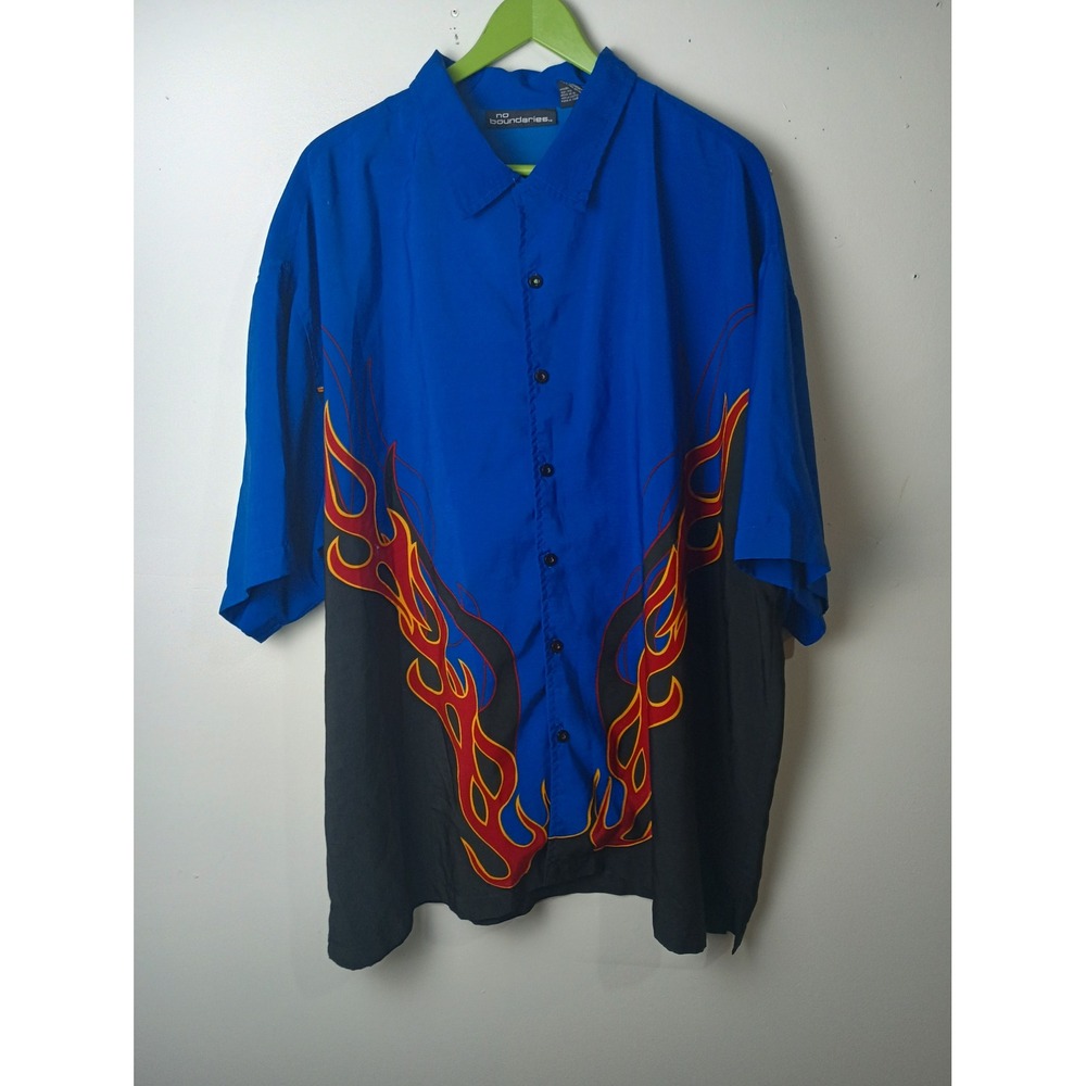 No Boundaries Vintage Y2K Flame Print Button Down Shirt Blue Black Mens‎ 3XL